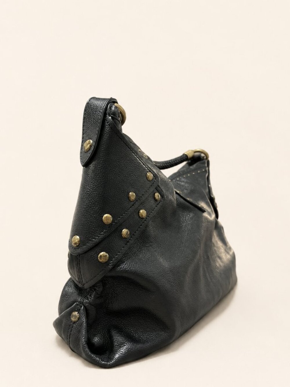 Vintage Cole Haan Black Leather Studded Hobo Bag Y2K Brass Hardware - Picture 3 of 4